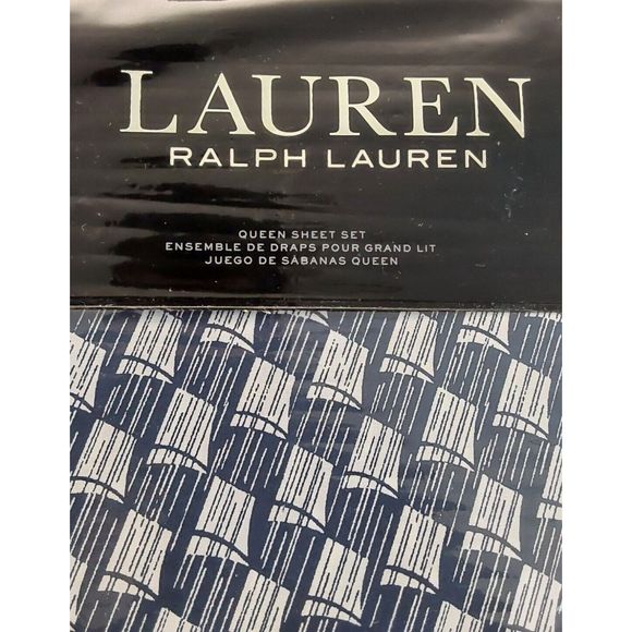 Ralph Lauren CASEY GEO PRINT Navy Cream 100% Cotton Queen Sheet Set Bedding - Picture 5 of 10